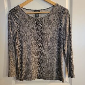 Rafaella Gray Snake-Print Long Sleeve Scoop Neck Top